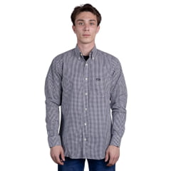 Camisa Masculina Strut Manga Longa Xadrez Pequeno Preto E Branco Com Bolso Ref: 7274