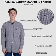 Camisa Masculina Strut Manga Longa Xadrez Pequeno Preto E Branco Com Bolso Ref: 7274