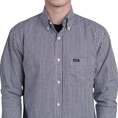 Camisa Masculina Strut Manga Longa Xadrez Pequeno Preto E Branco Com Bolso Ref: 7274