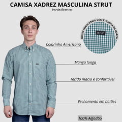 Camisa Masculina Strut Manga Longa Xadrez Pequeno Verde E Branco Com Bolso Ref: 7243
