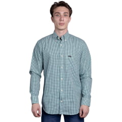 Camisa Masculina Strut Manga Longa Xadrez Pequeno Verde E Branco Com Bolso Ref: 7243