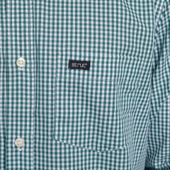 Camisa Masculina Strut Manga Longa Xadrez Pequeno Verde E Branco Com Bolso Ref: 7243