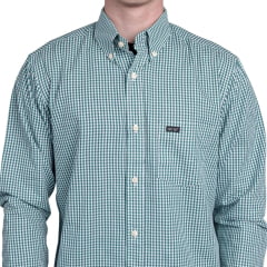 Camisa Masculina Strut Manga Longa Xadrez Pequeno Verde E Branco Com Bolso Ref: 7243