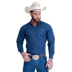 Camisa Masculina Texas Farm Azul Marinho Manga Longa Com Logo Bordada Em Branco Ref:CAL 531