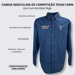 Camisa Masculina Texas Farm Competição Manga Longa Azul Marinho Com Bordado Bege Ref.CP007