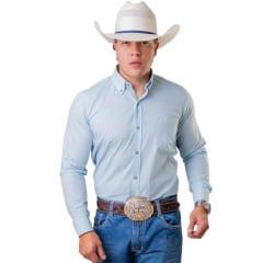 Camisa Masculina Texas Farm Exclusive Manga Longa Xadrez Azul Bebê E Branco Logo Cinza REF:CAL656
