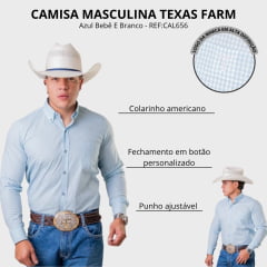 Camisa Masculina Texas Farm Exclusive Manga Longa Xadrez Azul Bebê E Branco Logo Cinza REF:CAL656