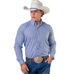 Camisa Masculina Texas Farm Exclusive Manga Longa Xadrez Azul E Branco Logo Bege REF:CAL707