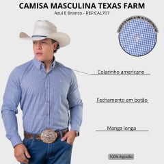 Camisa Masculina Texas Farm Exclusive Manga Longa Xadrez Azul E Branco Logo Bege REF:CAL707