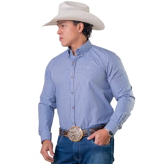 Camisa Masculina Texas Farm Exclusive Manga Longa Xadrez Azul E Branco Logo Bege REF:CAL707