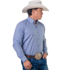 Camisa Masculina Texas Farm Exclusive Manga Longa Xadrez Azul E Branco Logo Bege REF:CAL707