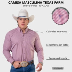 Camisa Masculina Texas Farm Exclusive Manga Longa Xadrez Bordô E Branco Logo Azul Marinho REF:CAL706