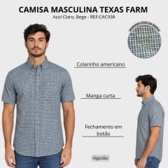 Camisa Masculina Texas Farm Manga Curta Xadrez Azul Logo Bege REF:CAC938
