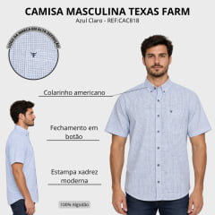 Camisa Masculina Texas Farm Manga Curta Xadrez Azul Claro Logo Azul Marinho REF:CAC818