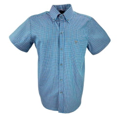 Camisa Masculina Texas Farm Manga Curta Xadrez Azul Claro e Rosa Com Logo Marrom Ref.CAC685