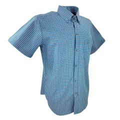 Camisa Masculina Texas Farm Manga Curta Xadrez Azul Claro e Rosa Com Logo Marrom Ref.CAC685