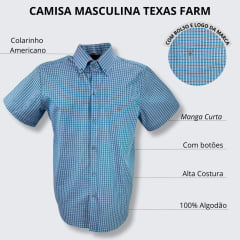 Camisa Masculina Texas Farm Manga Curta Xadrez Azul Claro e Rosa Com Logo Marrom Ref.CAC685