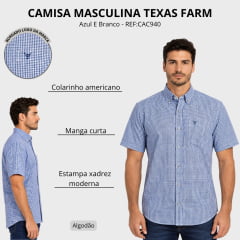 Camisa Masculina Texas Farm Manga Curta Xadrez Azul E Branco Logo Marinho REF:CAC940
