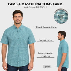 Camisa Masculina Texas Farm Manga Curta Xadrez Azul Piscina Logo Cinza REF:CAC911