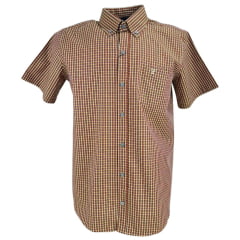 Camisa Masculina Texas Farm Manga Curta Xadrez Marrom E Amarelo Logo Cru Ref:CAC815