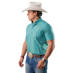 Camisa Masculina Texas Farm Manga Curta Xadrez Pequeno Azul E Amarelo Ref:CAC889