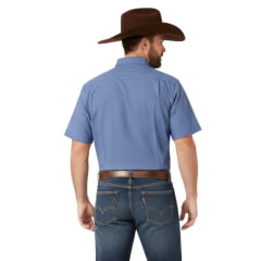 Camisa Masculina Texas Farm Manga Curta Xadrez Pequeno Azul Jeans Com Branco Logo Branco Bordado No Bolso Ref:CAC850