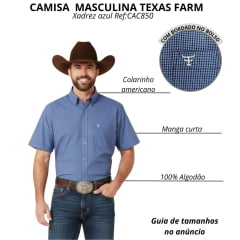 Camisa Masculina Texas Farm Manga Curta Xadrez Pequeno Azul Jeans Com Branco Logo Branco Bordado No Bolso Ref:CAC850