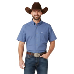 Camisa Masculina Texas Farm Manga Curta Xadrez Pequeno Azul Jeans Com Branco Logo Branco Bordado No Bolso Ref:CAC850 Camisa Masculina Texas Farm Manga Curta Xadrez Pequeno Azul Jeans Com Branco Logo Branco Bordado No Bolso Ref:CAC850