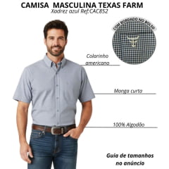 Camisa Masculina Texas Farm Manga Curta Xadrez Pequeno Azul Petróleo Com Logo Branco Bordado No Bolso Ref:CAC852
