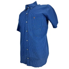 Camisa Masculina Texas Farm Manga Curta Xadrez Pequeno Azul Royal Preto Com Logo Bordado No Bolso Em Caramelo Ref:CAC823