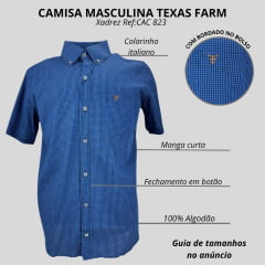 Camisa Masculina Texas Farm Manga Curta Xadrez Pequeno Azul Royal Preto Com Logo Bordado No Bolso Em Caramelo Ref:CAC823