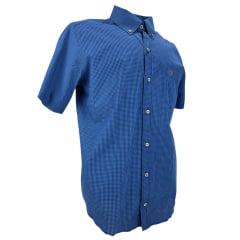 Camisa Masculina Texas Farm Manga Curta Xadrez Pequeno Azul Royal Preto Com Logo Bordado No Bolso Em Caramelo Ref:CAC823