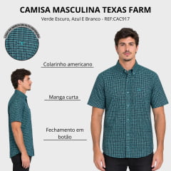 Camisa Masculina Texas Farm Manga Curta Xadrez Verde Escuro/Azul Branco Logo Azul Claro REF:CAC917