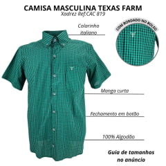 Camisa Masculina Texas Farm Manga Curta Xadrez Verde Escuro Azul Com Logo Bordado No Bolso Em Branco Ref: CAC 819