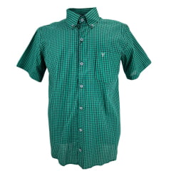 Camisa Masculina Texas Farm Manga Curta Xadrez Verde Escuro Azul Com Logo Bordado No Bolso Em Branco Ref: CAC 819 Camisa Masculina Texas Farm Manga Curta Xadrez Verde Escuro Azul Com Logo Bordado No Bolso Em Branco Ref: CAC 819