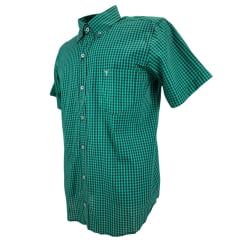 Camisa Masculina Texas Farm Manga Curta Xadrez Verde Escuro Azul Com Logo Bordado No Bolso Em Branco Ref: CAC 819