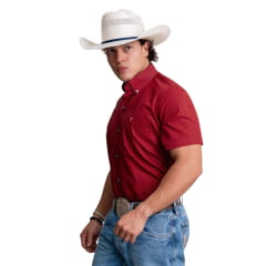 Camisa Masculina Texas Farm Manga Curta Xadrez Vermelho Escuro E Preto Com Logo Bordado Creme No Bolso Ref:CAC820