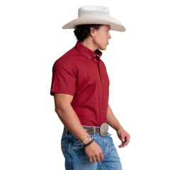 Camisa Masculina Texas Farm Manga Curta Xadrez Vermelho Escuro E Preto Com Logo Bordado Creme No Bolso Ref:CAC820