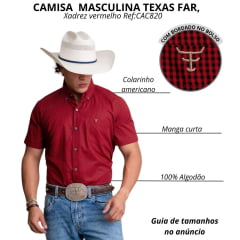 Camisa Masculina Texas Farm Manga Curta Xadrez Vermelho Escuro E Preto Com Logo Bordado Creme No Bolso Ref:CAC820