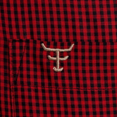 Camisa Masculina Texas Farm Manga Curta Xadrez Vermelho Escuro E Preto Com Logo Bordado Creme No Bolso Ref:CAC820