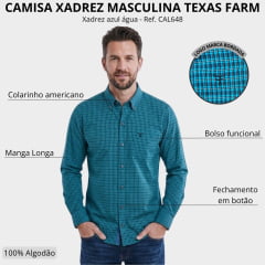 Camisa Masculina Texas Farm Manga Longa Xadrez Azul Água Logo Preto Ref:CAL648