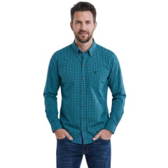 Camisa Masculina Texas Farm Manga Longa Xadrez Azul Água Logo Preto Ref:CAL648