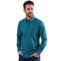 Camisa Masculina Texas Farm Manga Longa Xadrez Azul Água Logo Preto Ref:CAL648