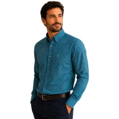 Camisa Masculina Texas Farm Manga Longa Xadrez Azul Água E Vermelho Logo Cinza Ref:CAL658