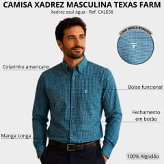 Camisa Masculina Texas Farm Manga Longa Xadrez Azul Água E Vermelho Logo Cinza Ref:CAL658