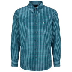 Camisa Masculina Texas Farm Manga Longa Xadrez Azul Água E Vermelho Logo Cinza Ref:CAL658