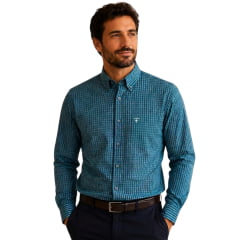 Camisa Masculina Texas Farm Manga Longa Xadrez Azul Água E Vermelho Logo Cinza Ref:CAL658