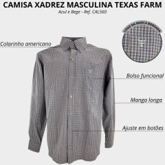 Camisa Masculina Texas Farm Manga Longa Xadrez Azul/Bege Ref: CAL560