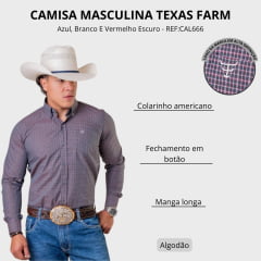 Camisa Masculina Texas Farm Manga Longa Xadrez Azul Branco E Vermelho Escuro Logo Branco REF:CAL666