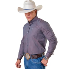 Camisa Masculina Texas Farm Manga Longa Xadrez Azul Branco E Vermelho Escuro Logo Branco REF:CAL666